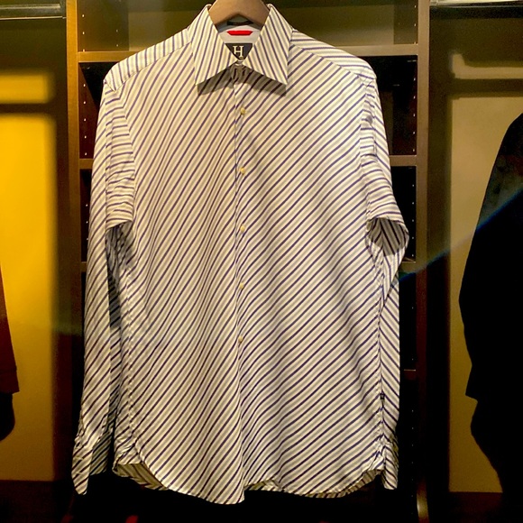 Men’s Tommy Hilfiger Dress Shirt.  Blue/White striped, size US M - Picture 2 of 4